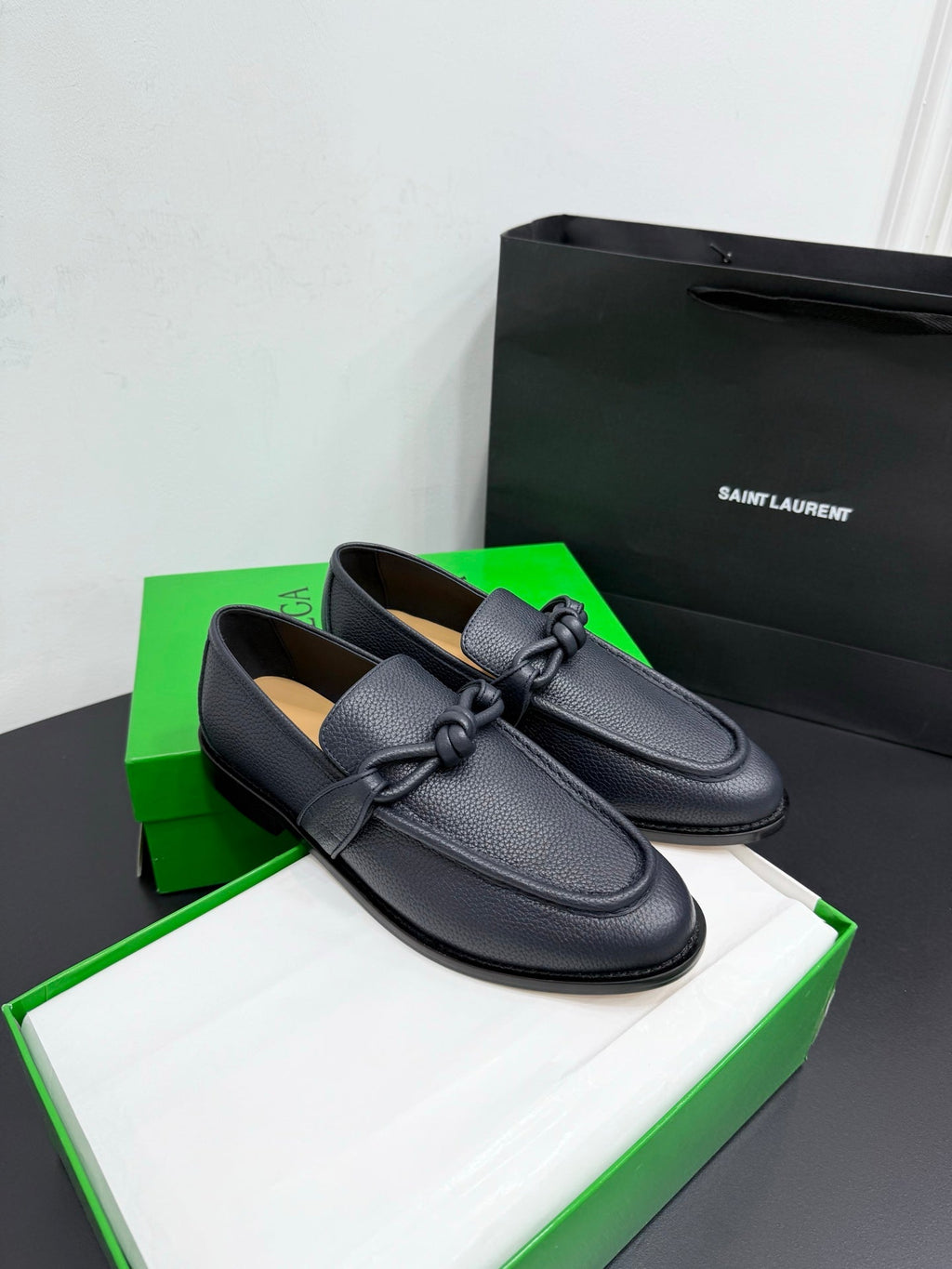 BOTTEGA VENETA 26S LOAFERS IN BLUE GRAY GRAINED CALFSKIN