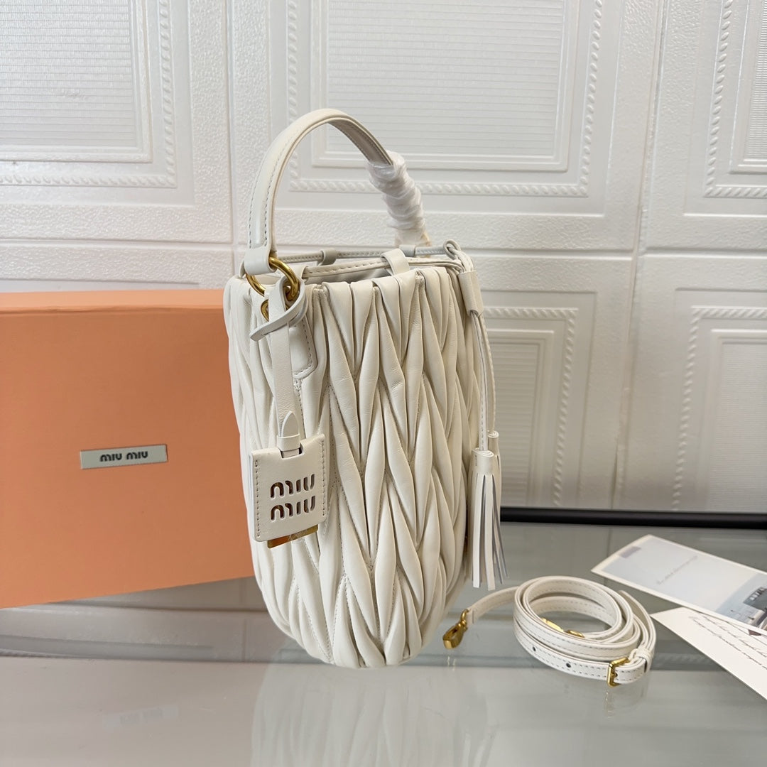 MIU MIU MATELASSÉ HANDBAG 20 IN WHITE LAMBSKIN