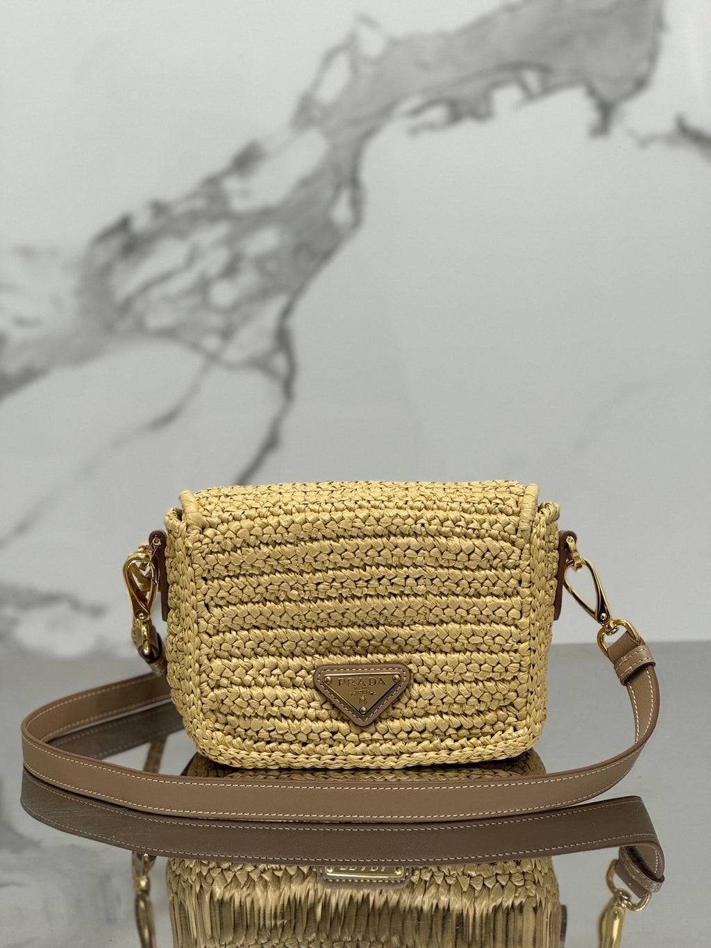 PRADA WOVEN SMALL FLAP BAG 16 IN BEIGE RAFFIA GOLD HARDWARE