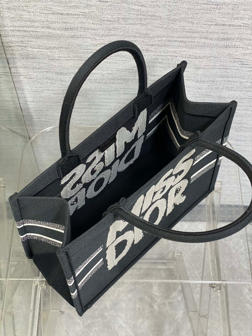 DIOR MEDIUM BOOK TOTE 36 IN BLACK MIX WHITE CANVAS 226507