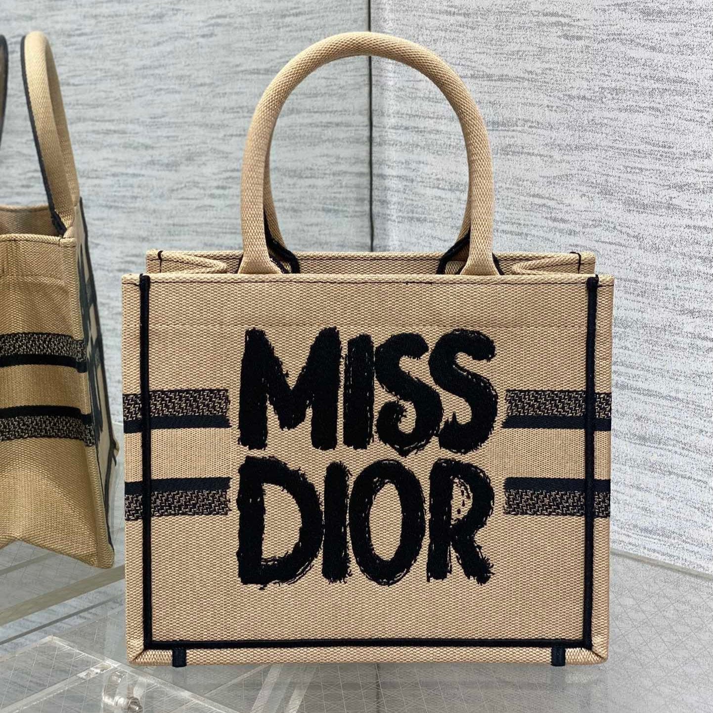 DIOR BOOK TOTE 26 BEIGE AND BLACK MISS GRAFFITI EMBROIDERY