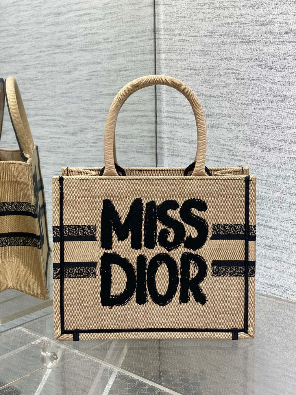 DIOR BOOK TOTE 26 BEIGE AND BLACK MISS GRAFFITI EMBROIDERY
