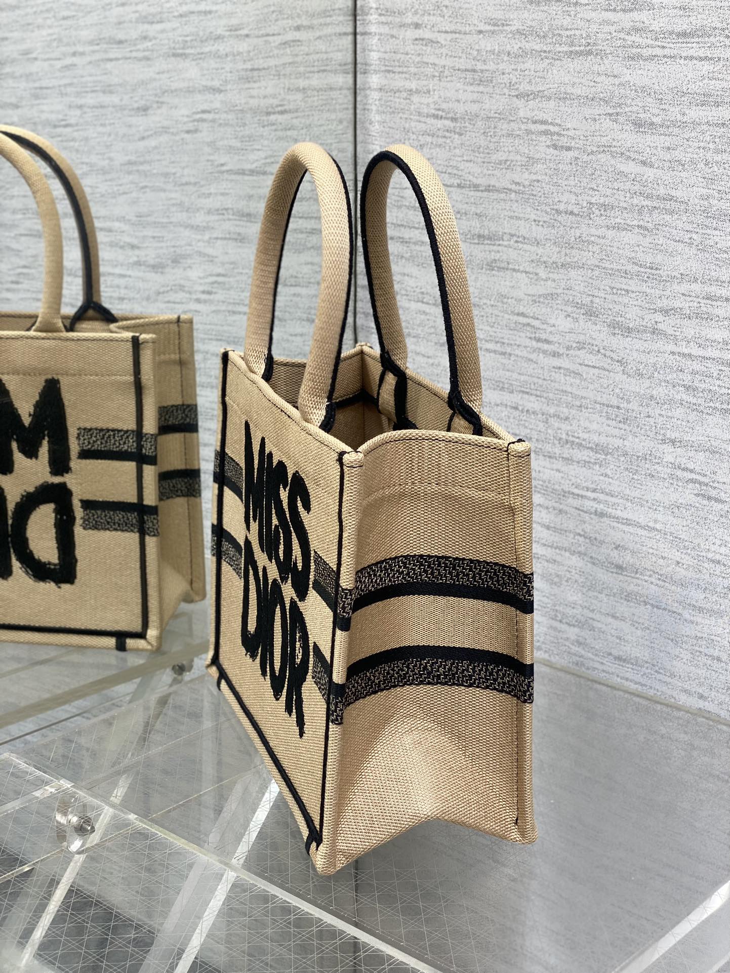 DIOR BOOK TOTE 26 BEIGE AND BLACK MISS GRAFFITI EMBROIDERY