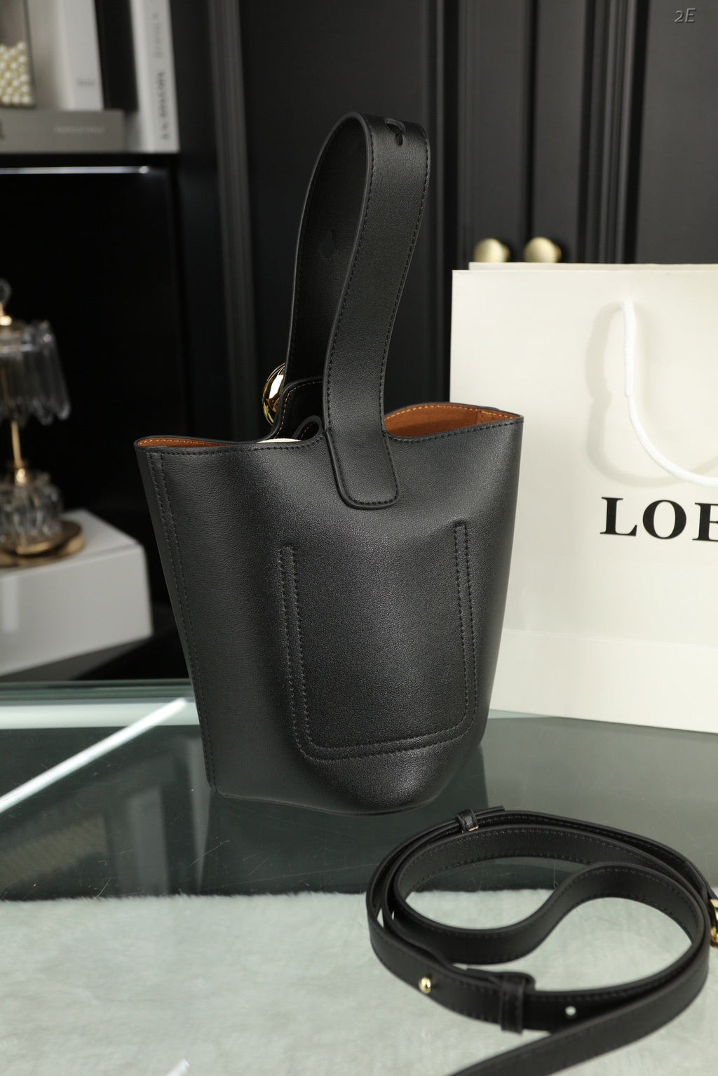 LOEWE LOE MINI 19 PEBBLE BUCKET IN BLACK MELLOW CALFSKIN