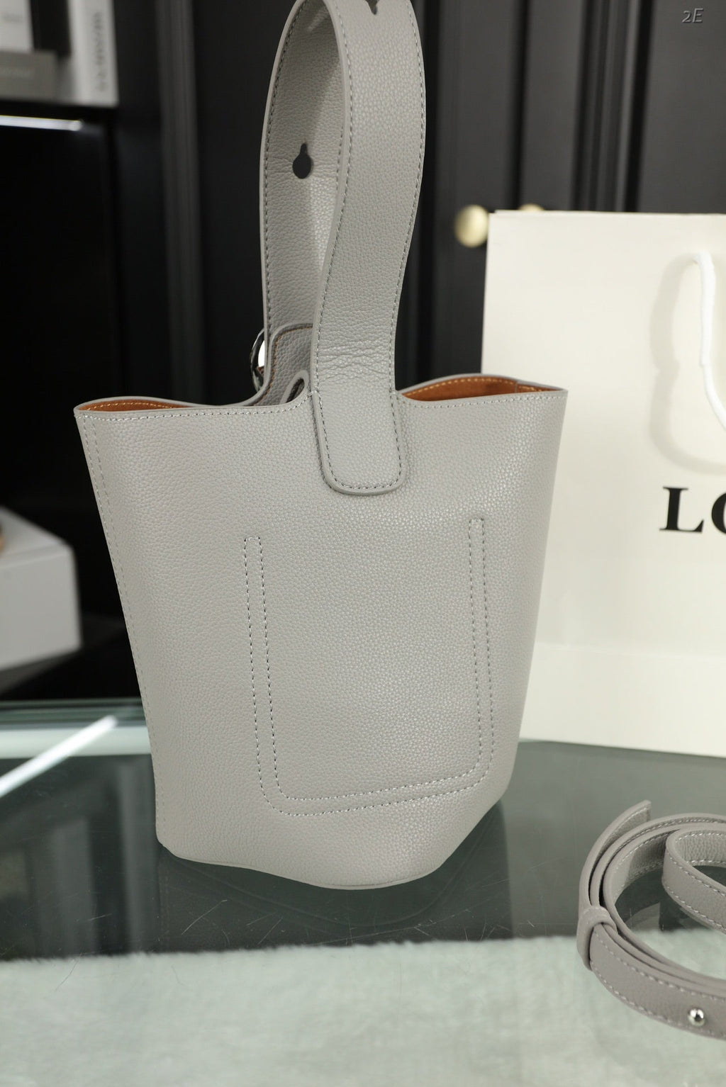 LOEWE LOE MINI 19 PEBBLE BUCKET IN GRAY STEEL MELLOW CALFSKIN