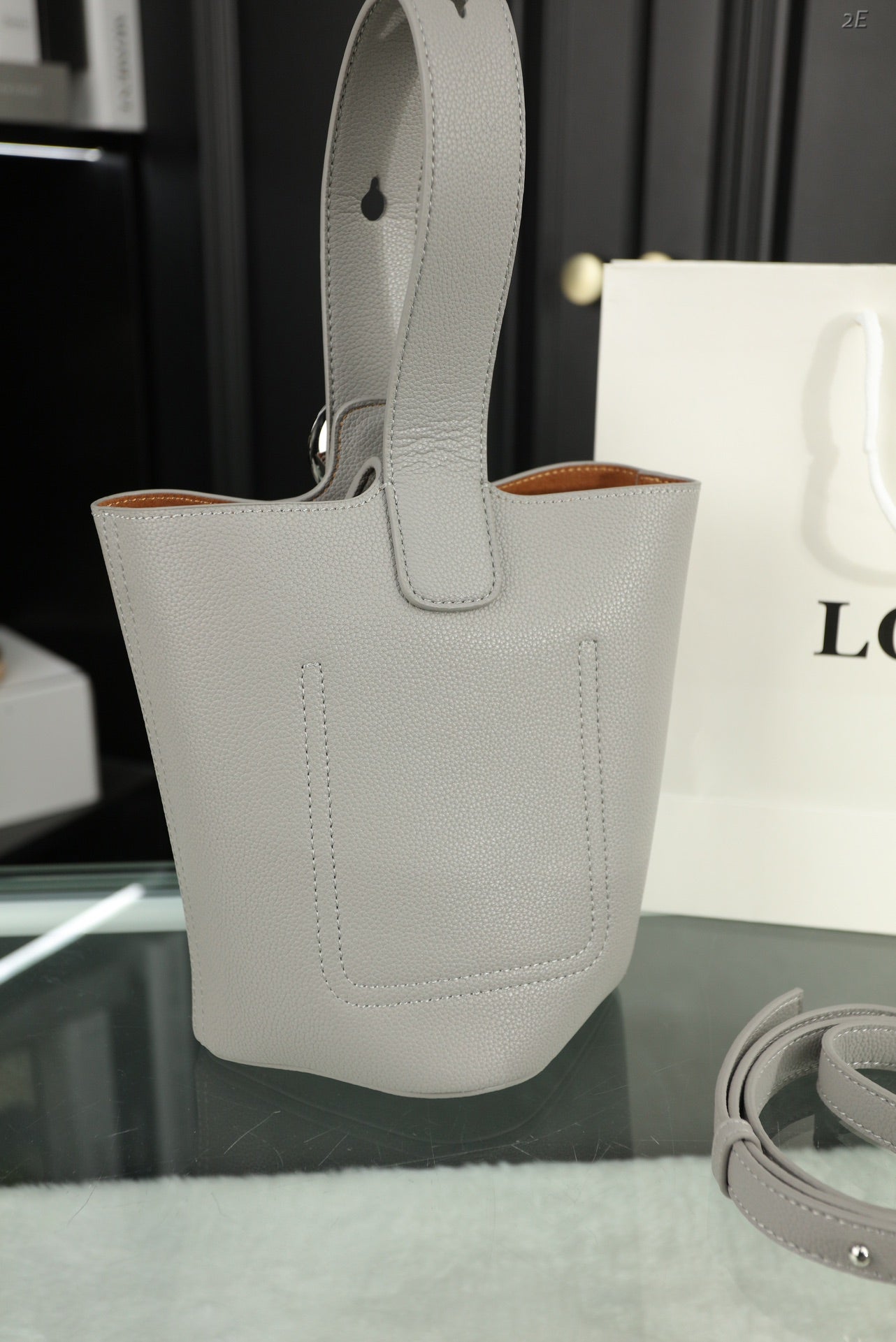 LOEWE LOE MINI 19 PEBBLE BUCKET IN GRAY STEEL MELLOW CALFSKIN