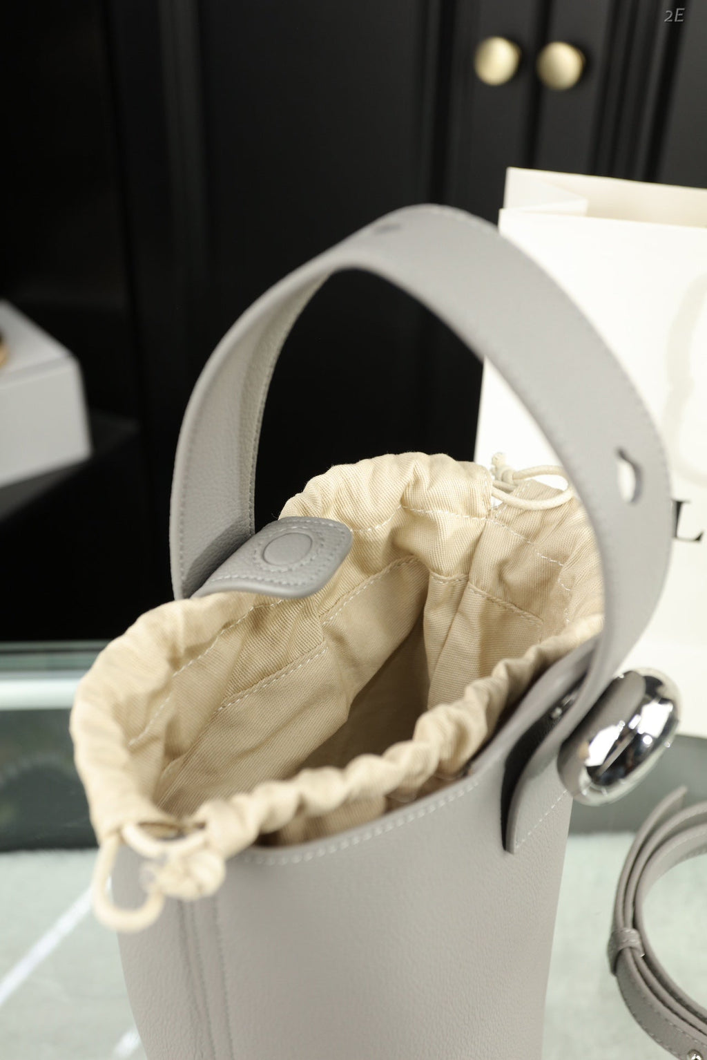 LOEWE LOE MINI 19 PEBBLE BUCKET IN GRAY STEEL MELLOW CALFSKIN
