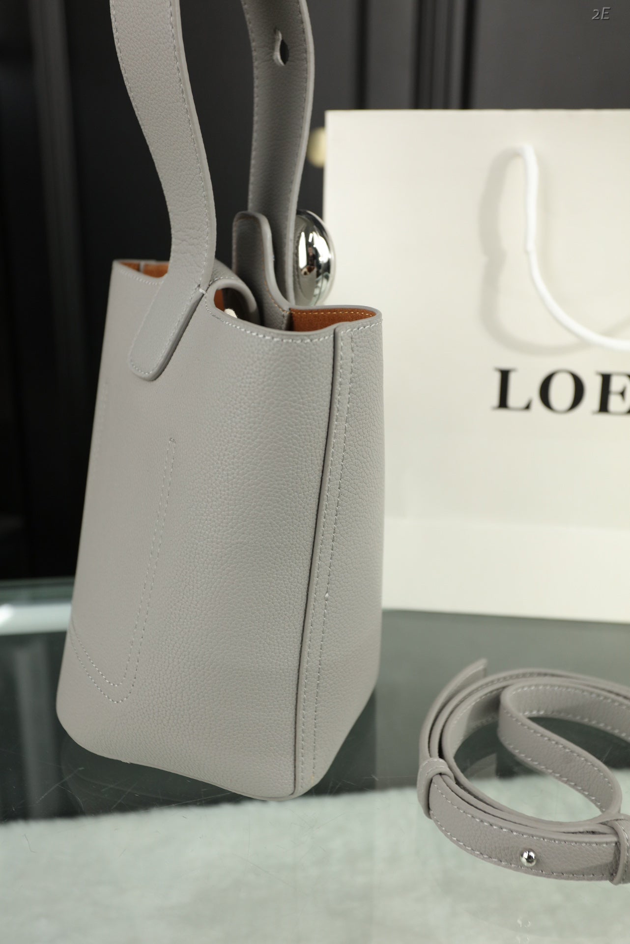 LOEWE LOE MINI 19 PEBBLE BUCKET IN GRAY STEEL MELLOW CALFSKIN