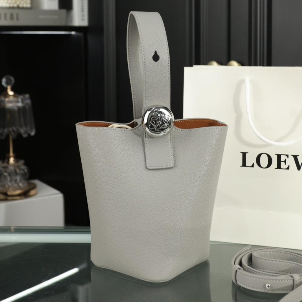 LOEWE LOE MINI 19 PEBBLE BUCKET IN GRAY STEEL MELLOW CALFSKIN