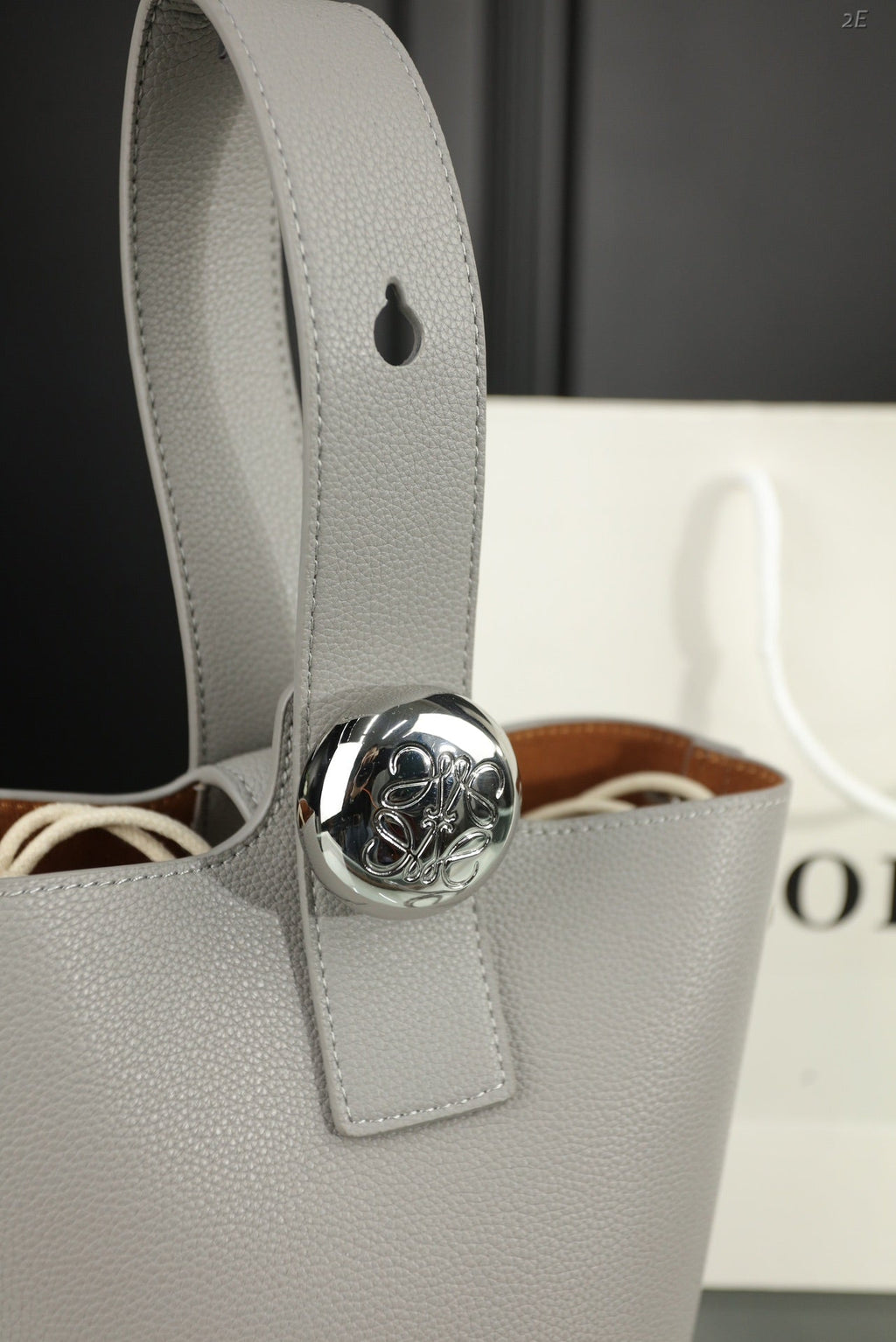 LOEWE LOE MINI 19 PEBBLE BUCKET IN GRAY STEEL MELLOW CALFSKIN