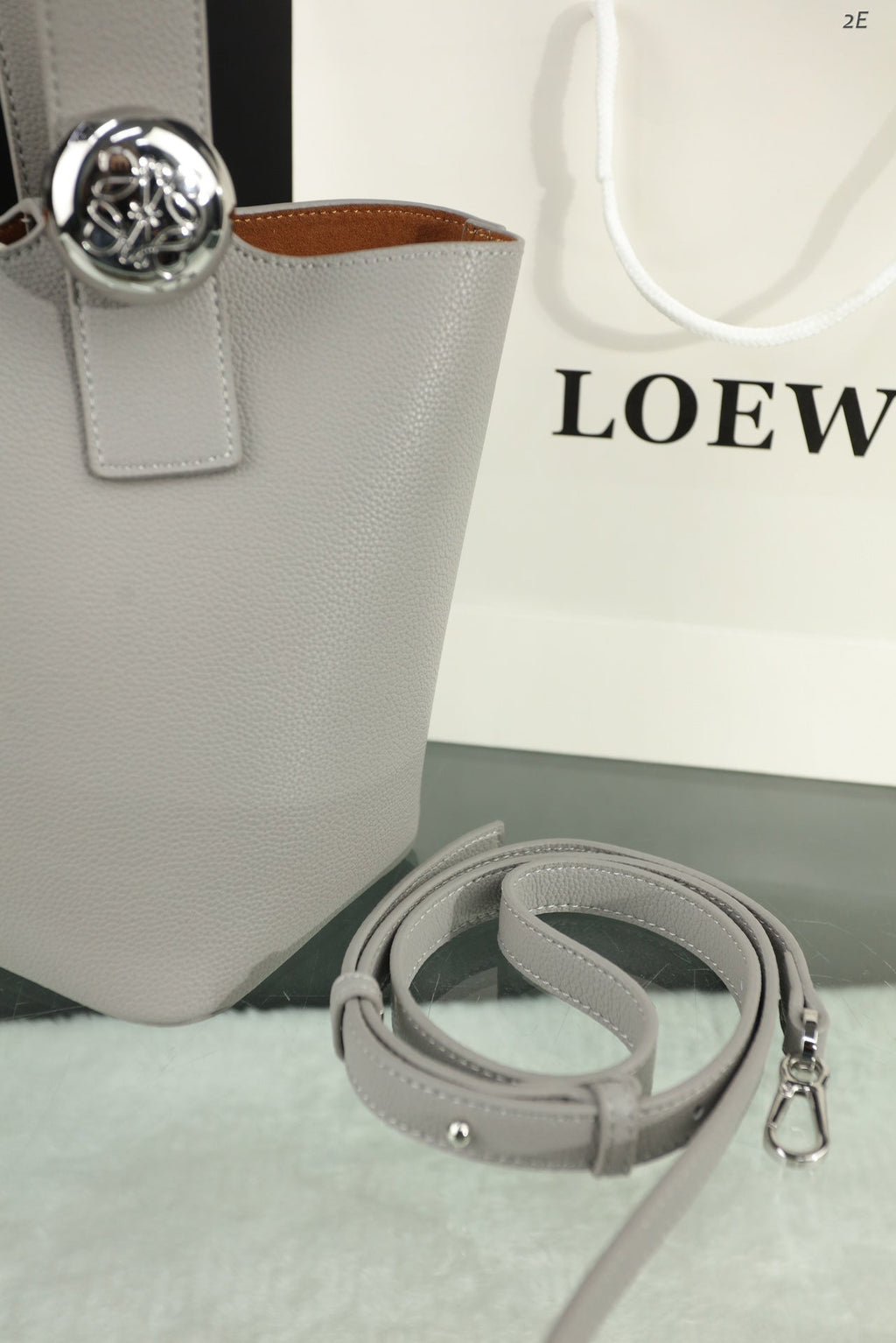 LOEWE LOE MINI 19 PEBBLE BUCKET IN GRAY STEEL MELLOW CALFSKIN