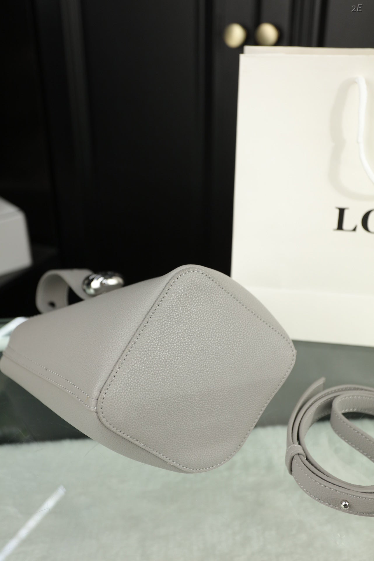 LOEWE LOE MINI 19 PEBBLE BUCKET IN GRAY STEEL MELLOW CALFSKIN