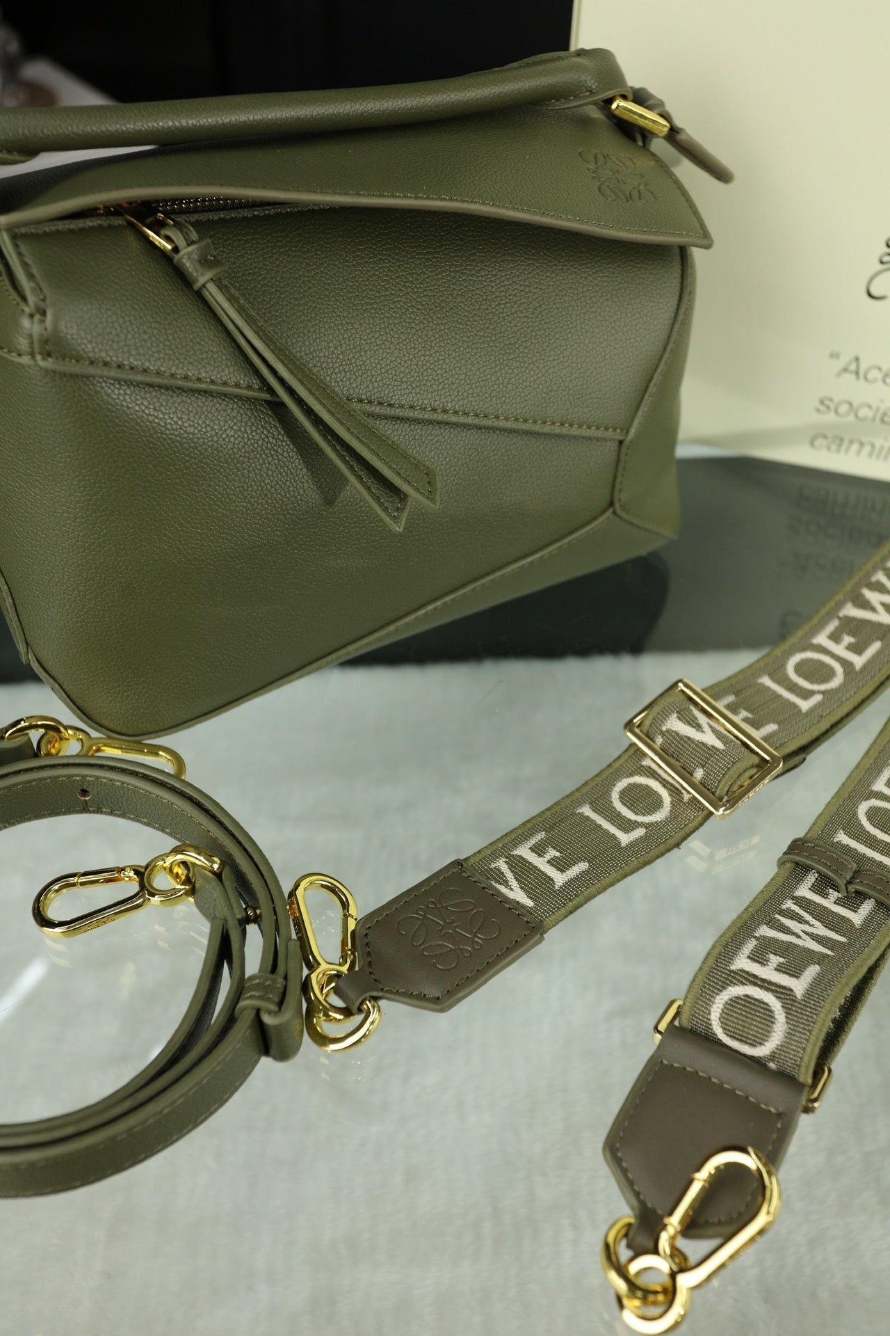 LOEWE LOE MINI PUZZLE 23 BAG IN DARK OLIVE GREEN CALFSKIN - NO FABRIC STRAP