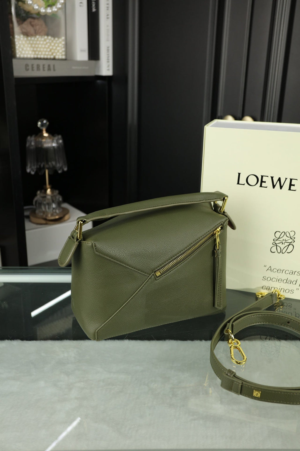 LOEWE LOE MINI PUZZLE 23 BAG IN DARK OLIVE GREEN CALFSKIN - NO FABRIC STRAP