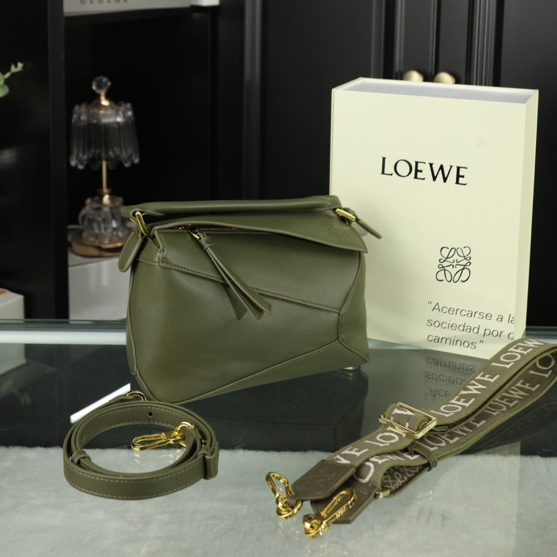 LOEWE LOE MINI PUZZLE 23 BAG IN DARK OLIVE GREEN CALFSKIN