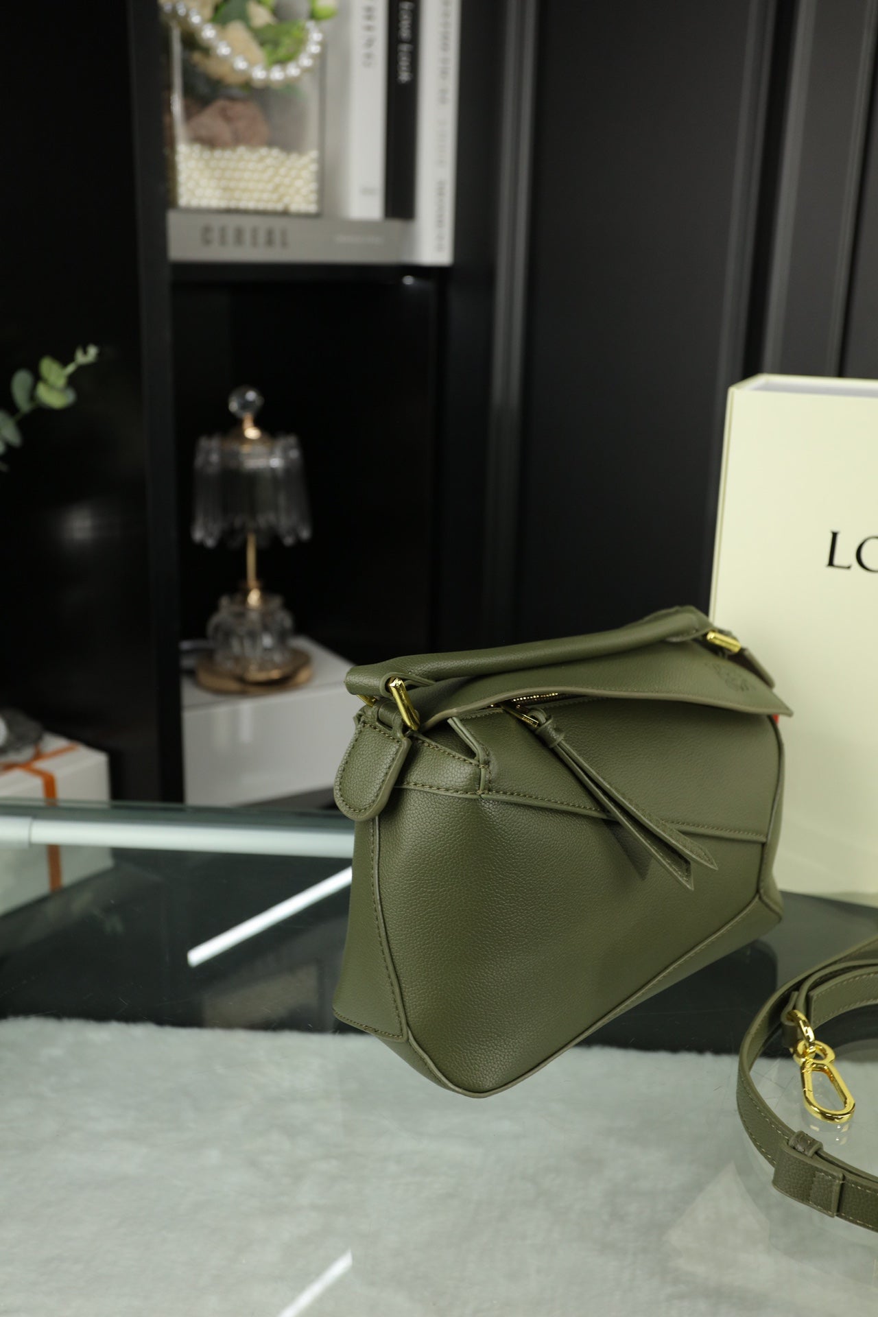 LOEWE LOE MINI PUZZLE 23 BAG IN DARK OLIVE GREEN CALFSKIN - NO FABRIC STRAP