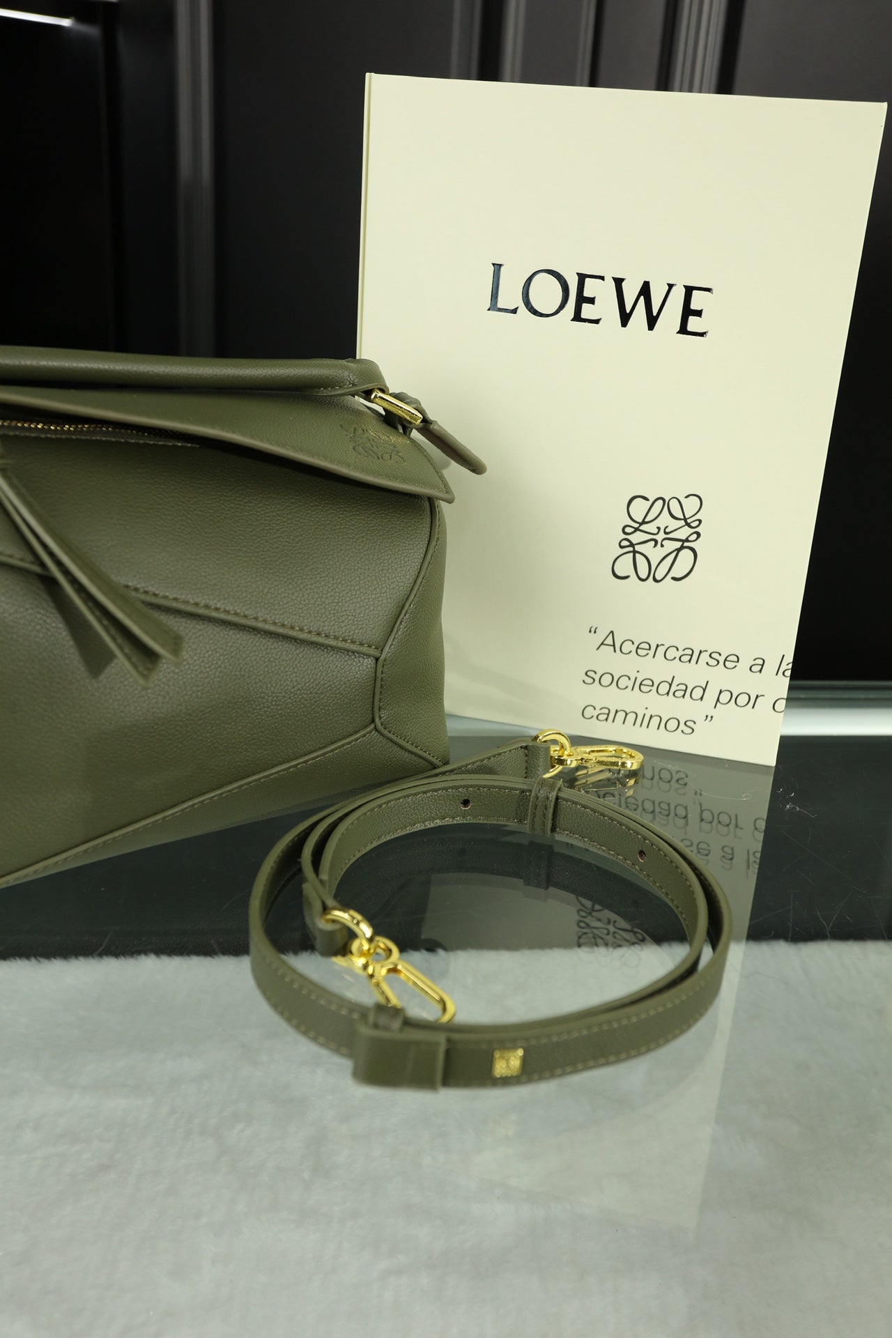 LOEWE LOE MINI PUZZLE 23 BAG IN DARK OLIVE GREEN CALFSKIN - NO FABRIC STRAP