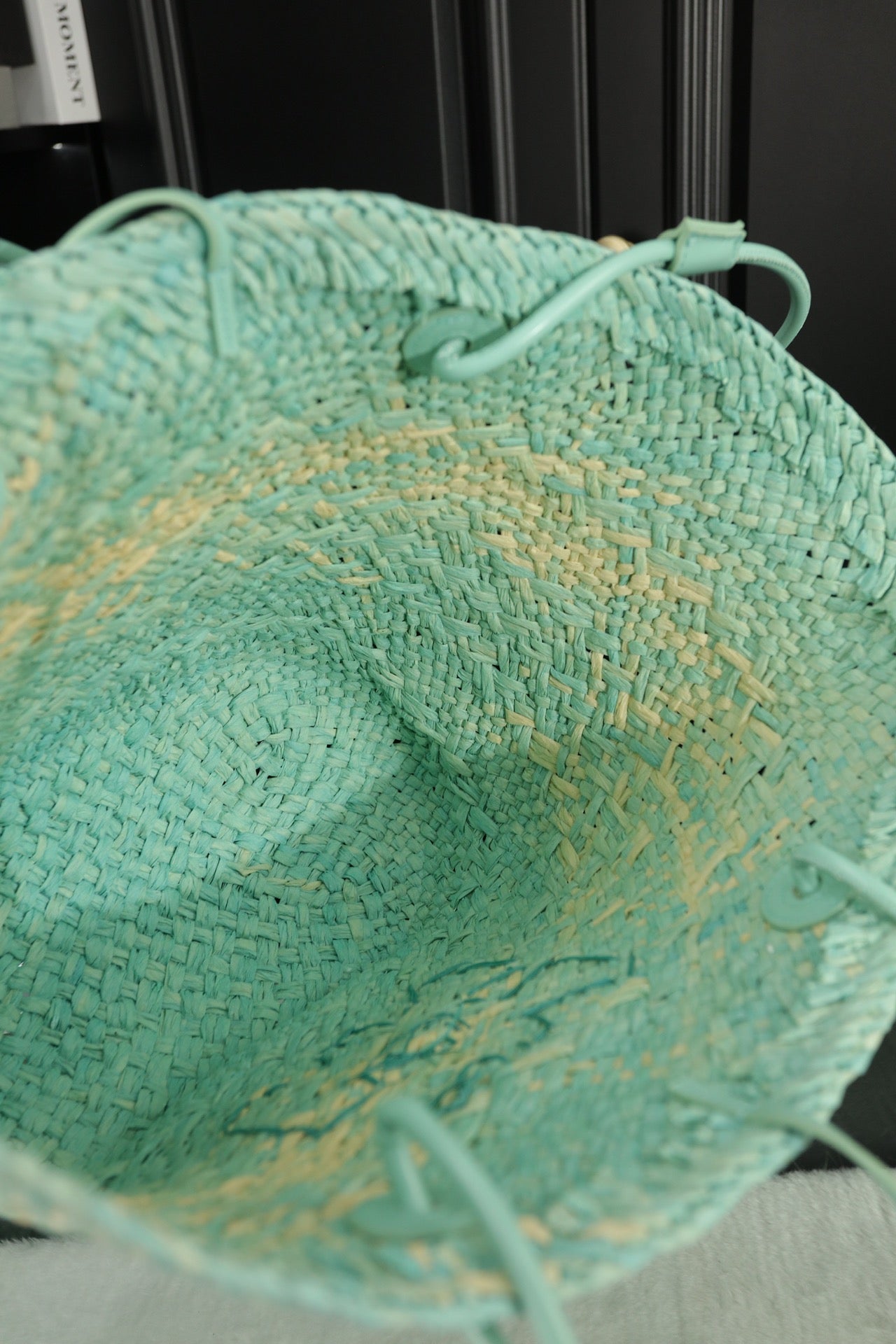 LOEWE LOE SMALL ANAGRAM BASKET 28 BAG IN LIGHT BLUE IRACA PALM AND CALFSKIN
