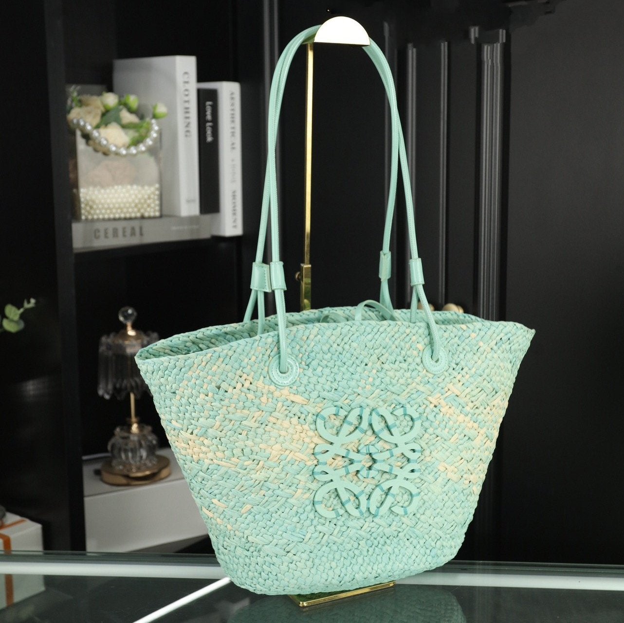 LOEWE LOE SMALL ANAGRAM BASKET 28 BAG IN LIGHT BLUE IRACA PALM AND CALFSKIN
