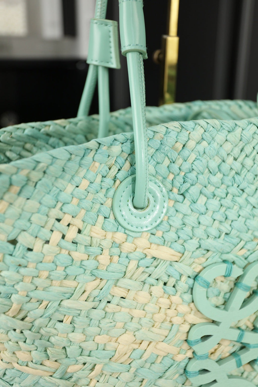 LOEWE LOE SMALL ANAGRAM BASKET 28 BAG IN LIGHT BLUE IRACA PALM AND CALFSKIN