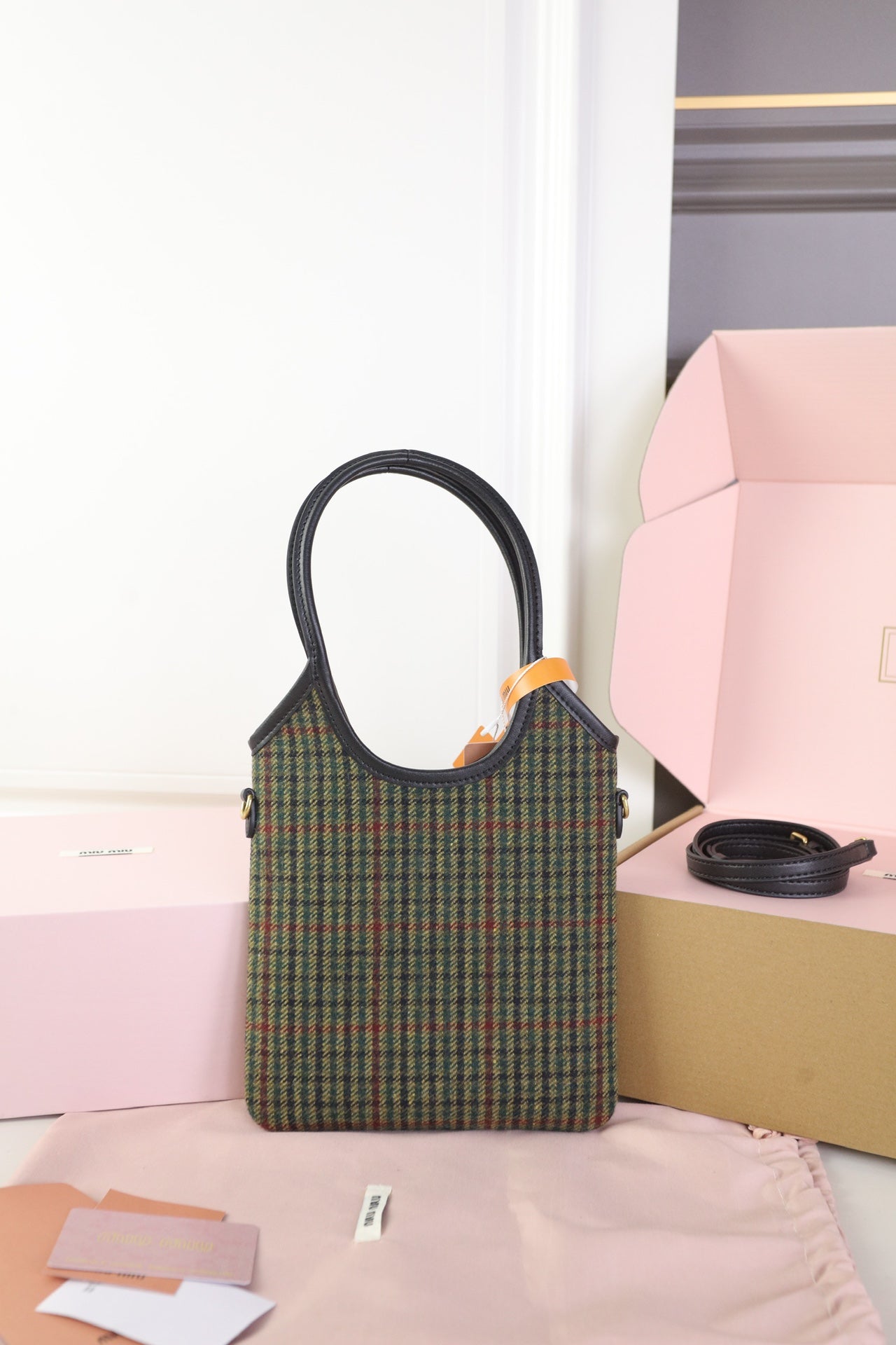 MIU MIU IVY MINI TOTE BAG 20 IN COLORFUL TARTAN AND BLACK LEATHER TRIM