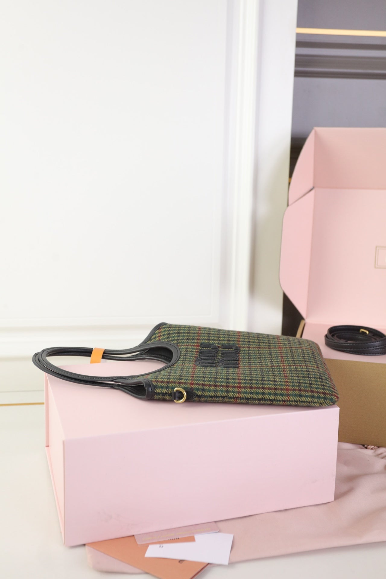 MIU MIU IVY MINI TOTE BAG 20 IN COLORFUL TARTAN AND BLACK LEATHER TRIM