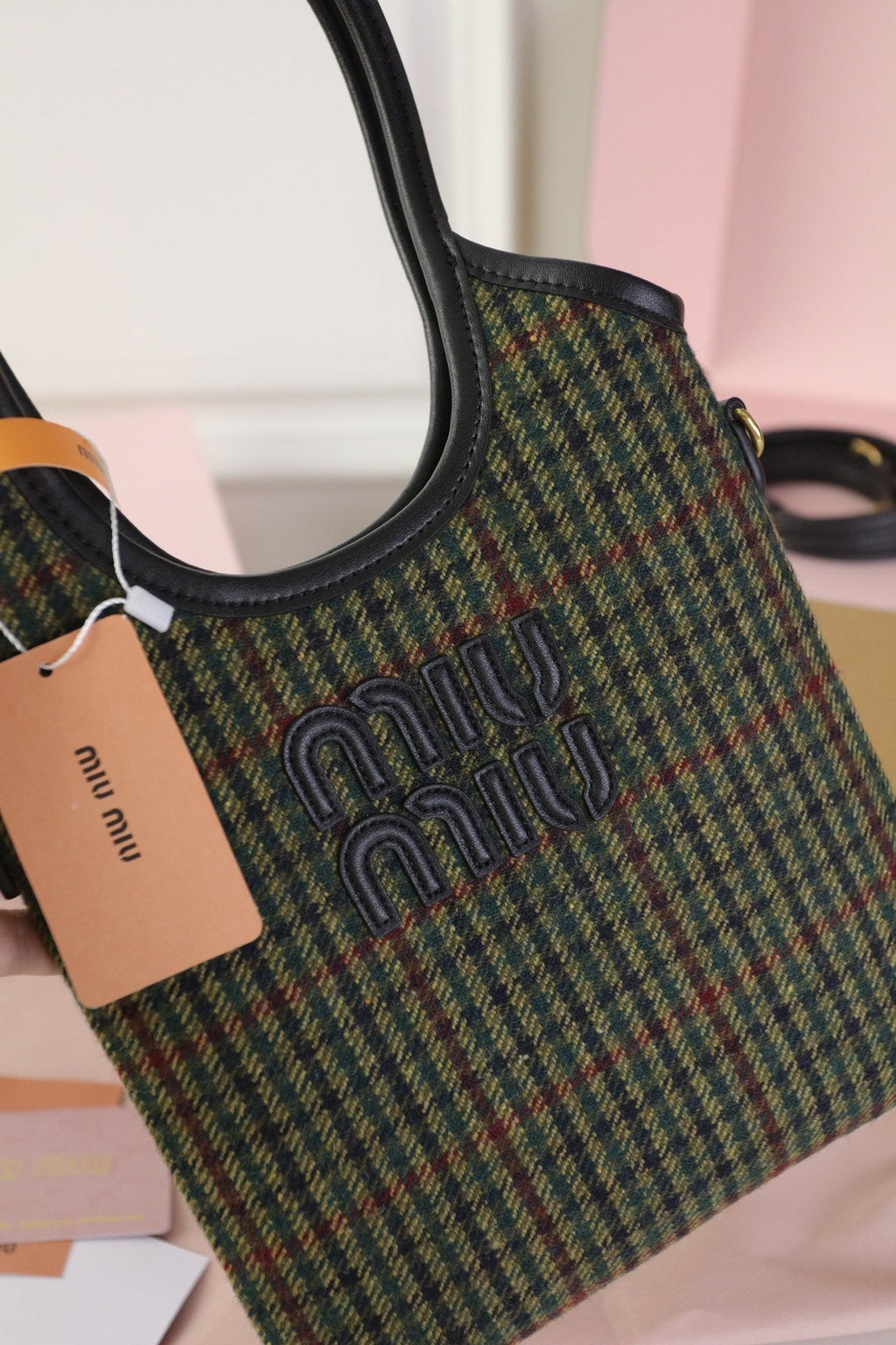 MIU MIU IVY MINI TOTE BAG 20 IN COLORFUL TARTAN AND BLACK LEATHER TRIM