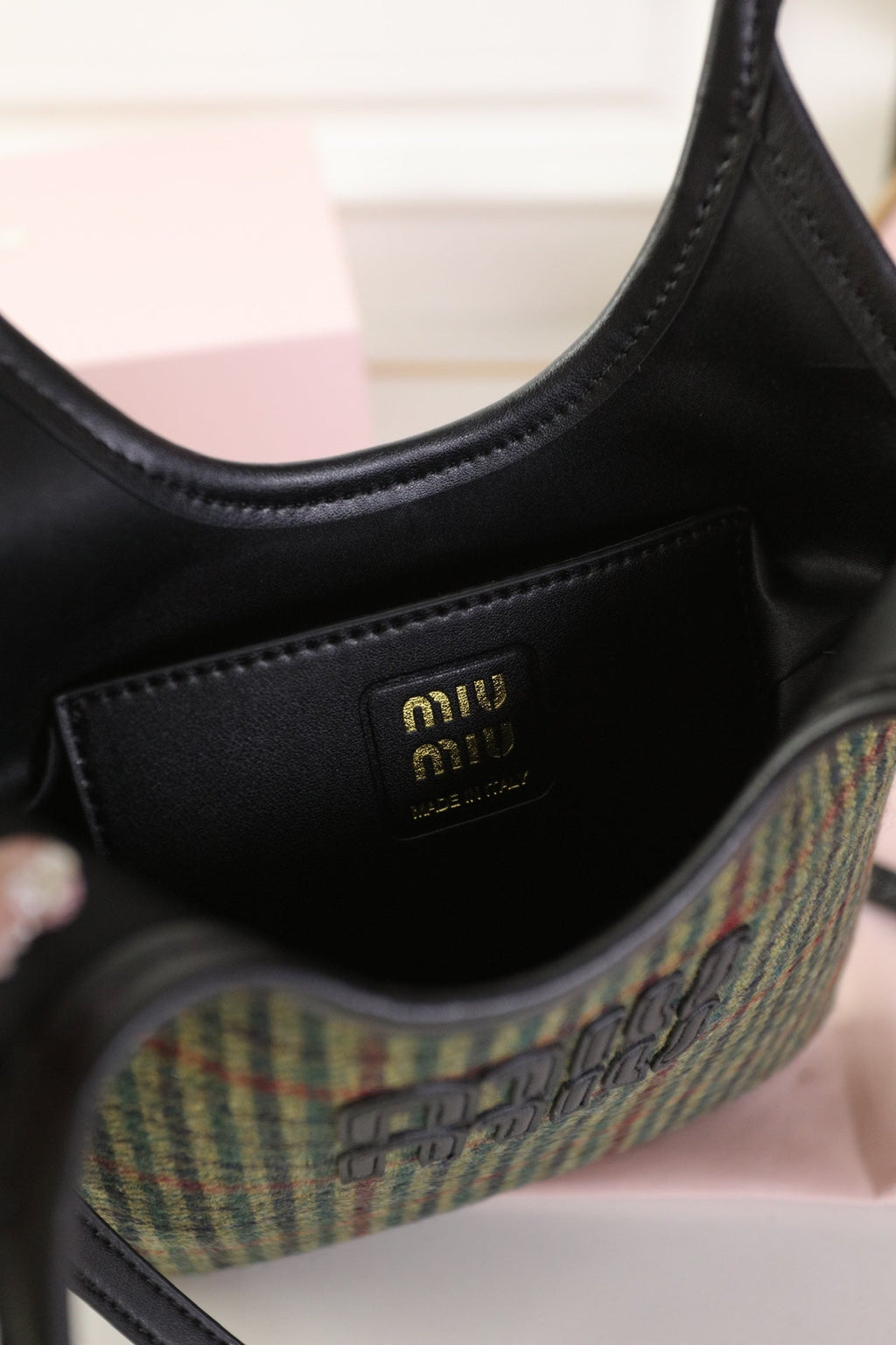 MIU MIU IVY MINI TOTE BAG 20 IN COLORFUL TARTAN AND BLACK LEATHER TRIM