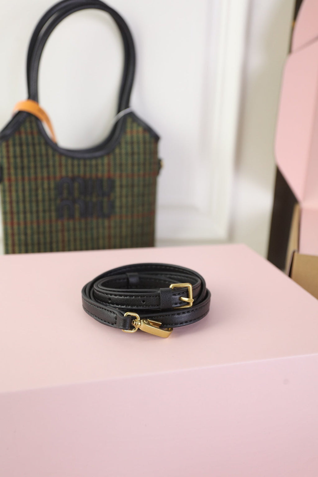 MIU MIU IVY MINI TOTE BAG 20 IN COLORFUL TARTAN AND BLACK LEATHER TRIM