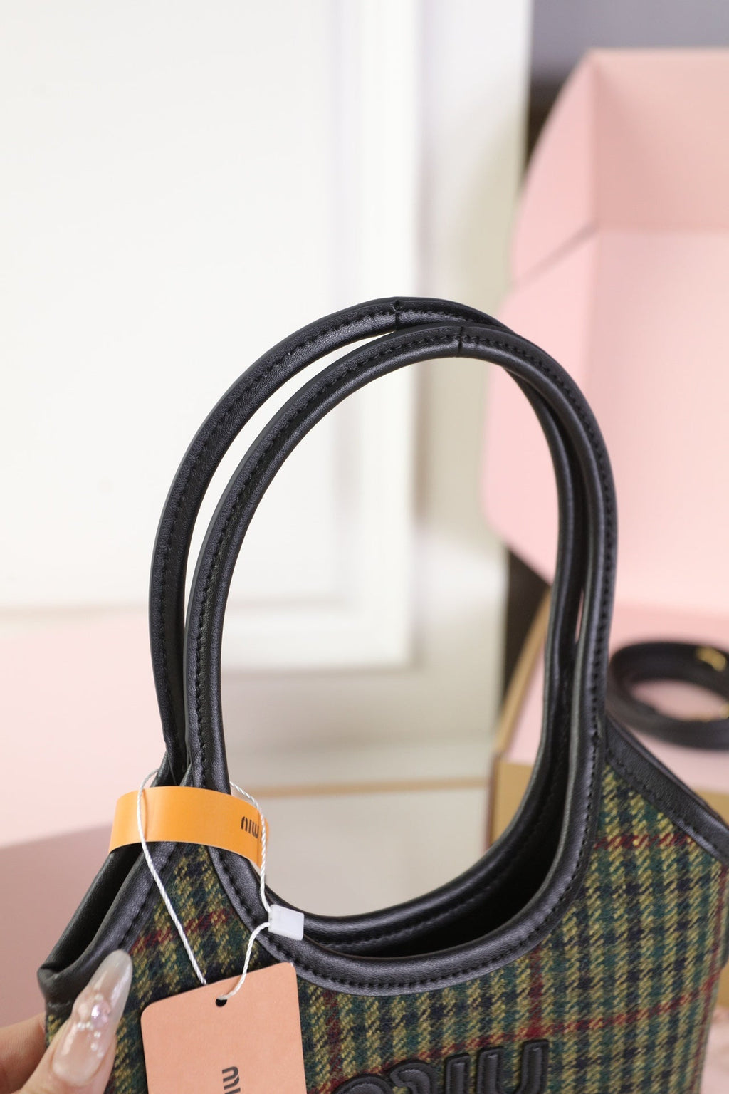 MIU MIU IVY MINI TOTE BAG 20 IN COLORFUL TARTAN AND BLACK LEATHER TRIM