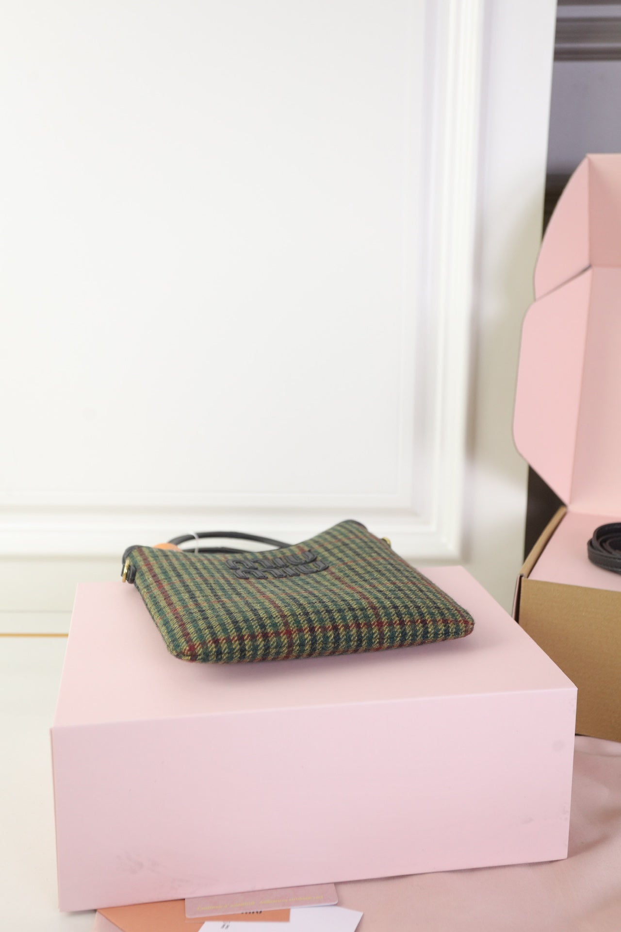 MIU MIU IVY MINI TOTE BAG 20 IN COLORFUL TARTAN AND BLACK LEATHER TRIM