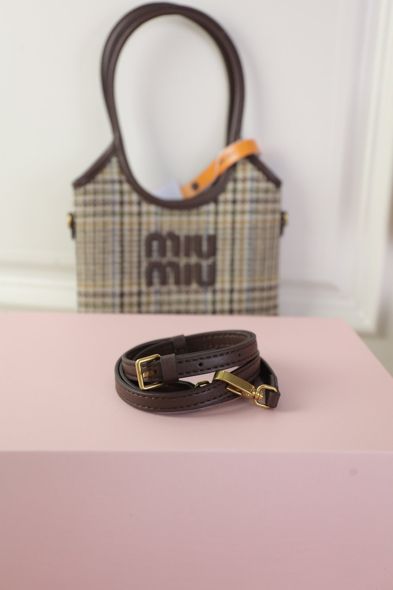 MIU MIU IVY MINI TOTE BAG 20 IN COLORFUL TARTAN AND BROWN LEATHER TRIM