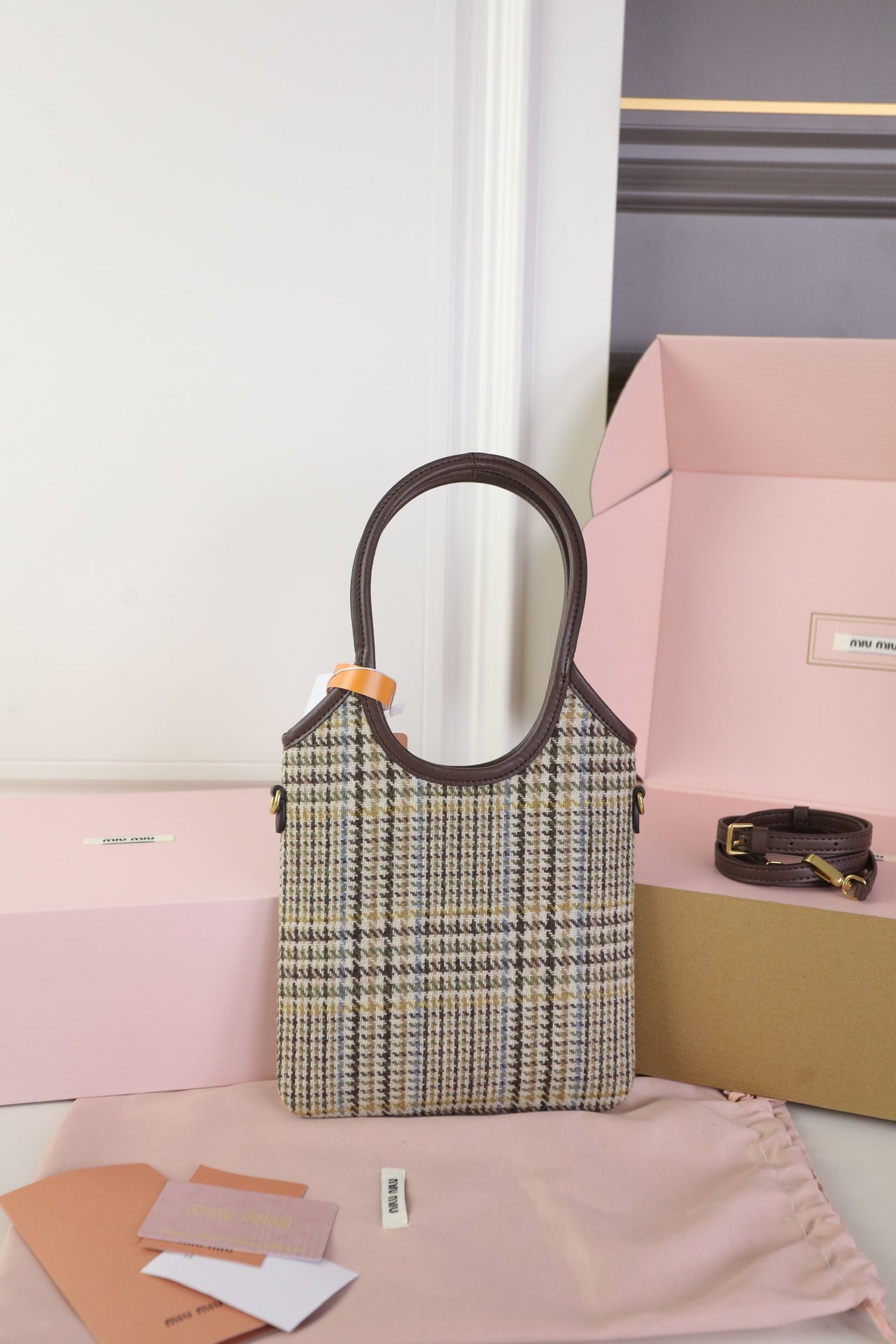 MIU MIU IVY MINI TOTE BAG 20 IN COLORFUL TARTAN AND BROWN LEATHER TRIM