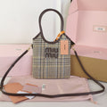 MIU MIU IVY MINI TOTE BAG 20 IN COLORFUL TARTAN AND BROWN LEATHER TRIM