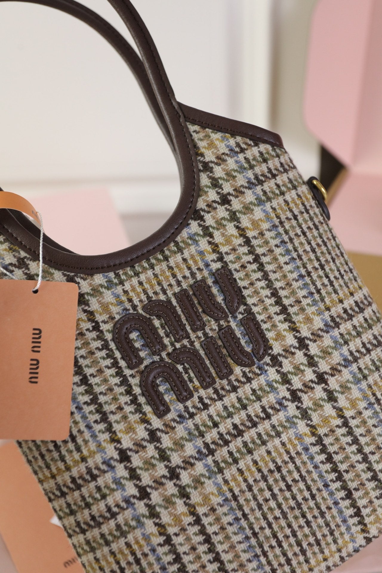 MIU MIU IVY MINI TOTE BAG 20 IN COLORFUL TARTAN AND BROWN LEATHER TRIM