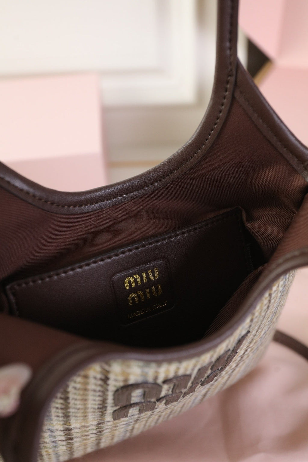 MIU MIU IVY MINI TOTE BAG 20 IN COLORFUL TARTAN AND BROWN LEATHER TRIM