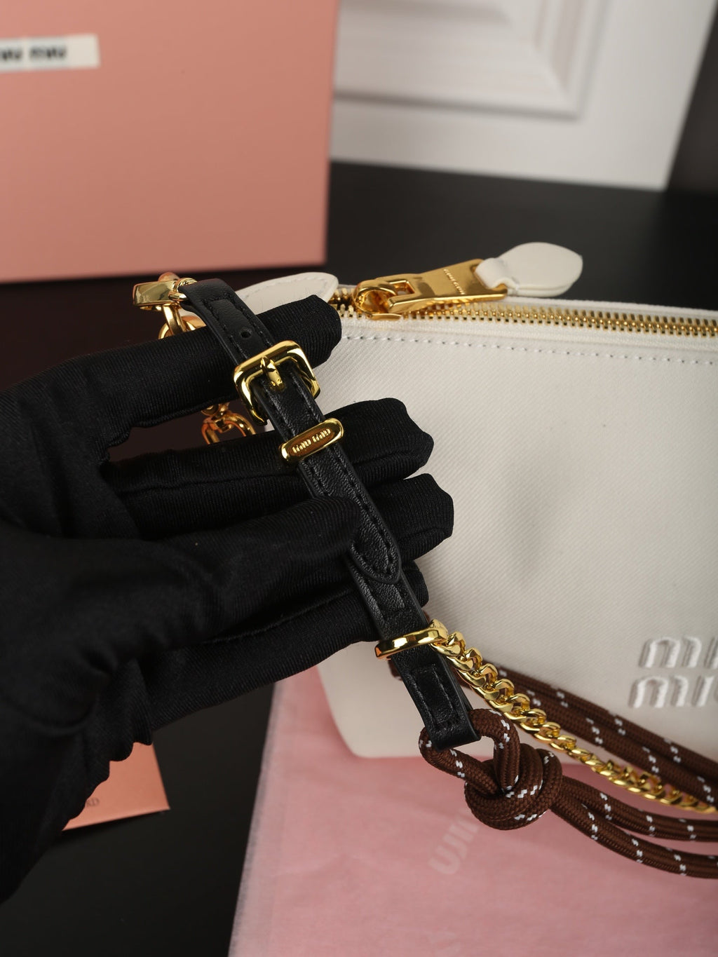 MIU MIU CHAIN SHOULDER BAG 18 IN WHITE FABRIC GOLD HARDWARE