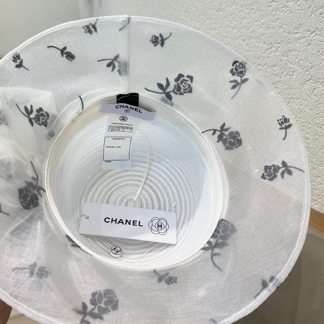 CHANEL STRAW HAT WITH CHIFFON FLOWER WHITE 672758