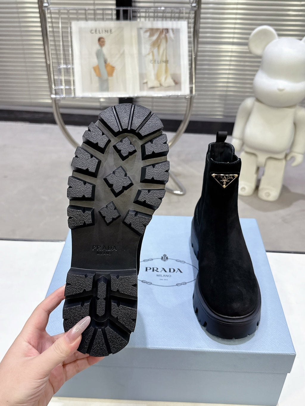 PRADA 25S RETRO PLATFORM MARTIN ANKLE BOOTS IN BLACK SUEDE