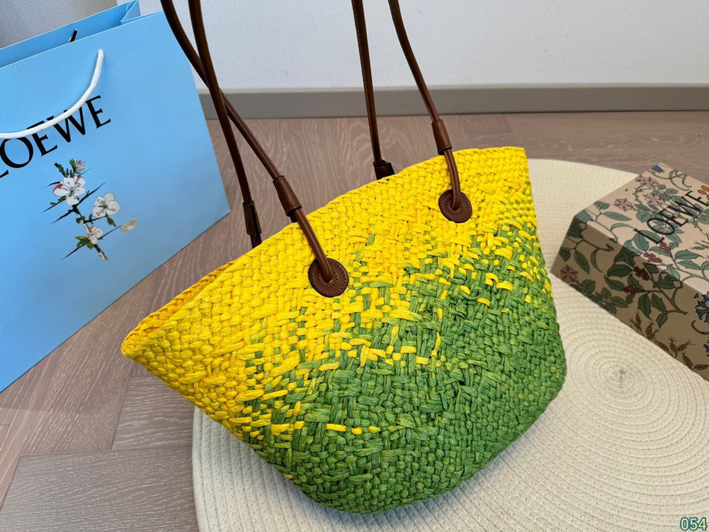 LOEWE LOE SMALL ANAGRAM BASKET 28 BAG IN YELLOW MIX GREEN IRACA PALM AND CALFSKIN