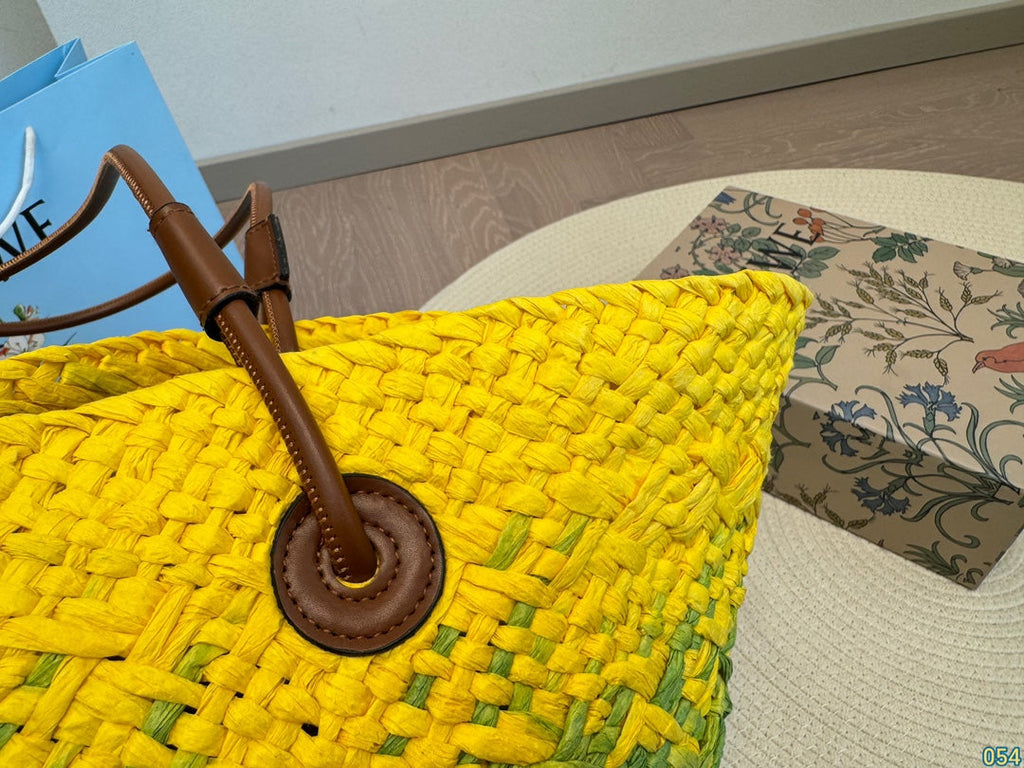 LOEWE LOE SMALL ANAGRAM BASKET 28 BAG IN YELLOW MIX GREEN IRACA PALM AND CALFSKIN