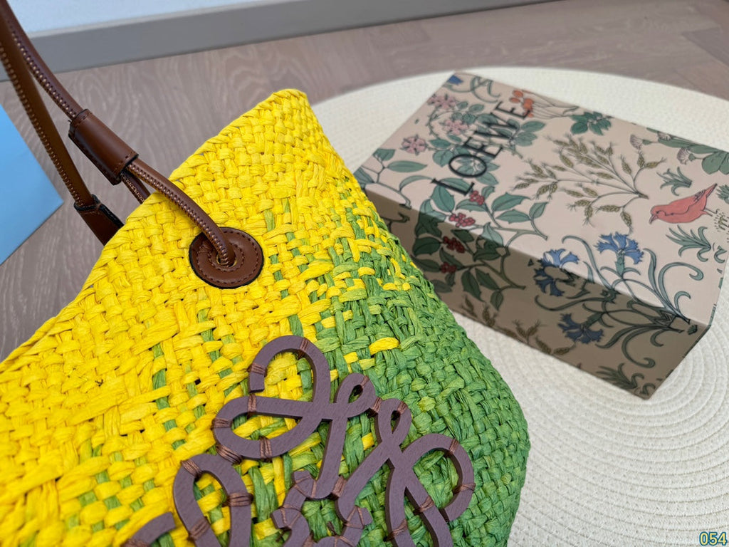 LOEWE LOE SMALL ANAGRAM BASKET 28 BAG IN YELLOW MIX GREEN IRACA PALM AND CALFSKIN