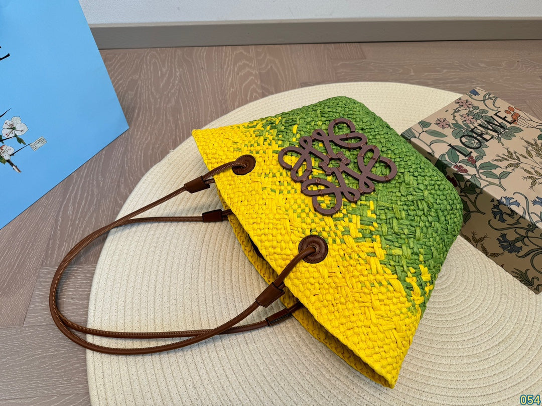 LOEWE LOE SMALL ANAGRAM BASKET 28 BAG IN YELLOW MIX GREEN IRACA PALM AND CALFSKIN