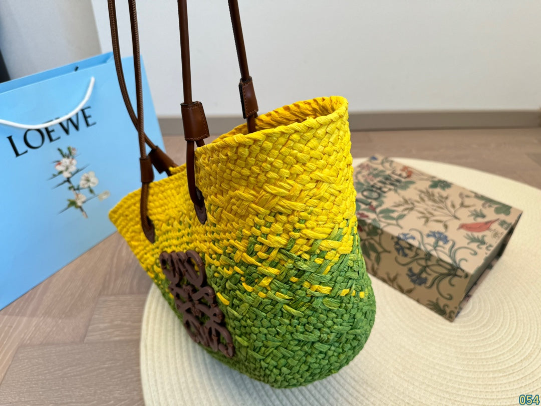 LOEWE LOE SMALL ANAGRAM BASKET 28 BAG IN YELLOW MIX GREEN IRACA PALM AND CALFSKIN