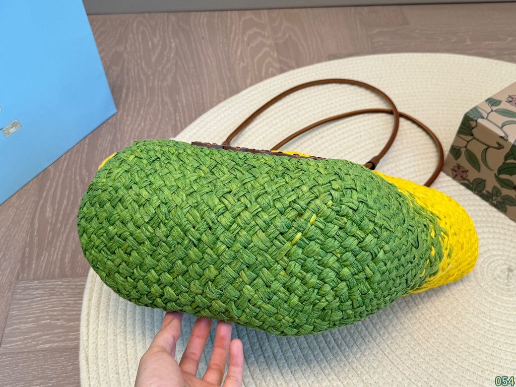 LOEWE LOE SMALL ANAGRAM BASKET 28 BAG IN YELLOW MIX GREEN IRACA PALM AND CALFSKIN