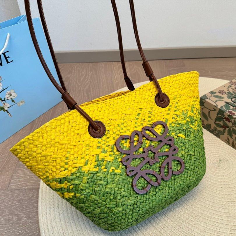 LOEWE LOE SMALL ANAGRAM BASKET 28 BAG IN YELLOW MIX GREEN IRACA PALM AND CALFSKIN