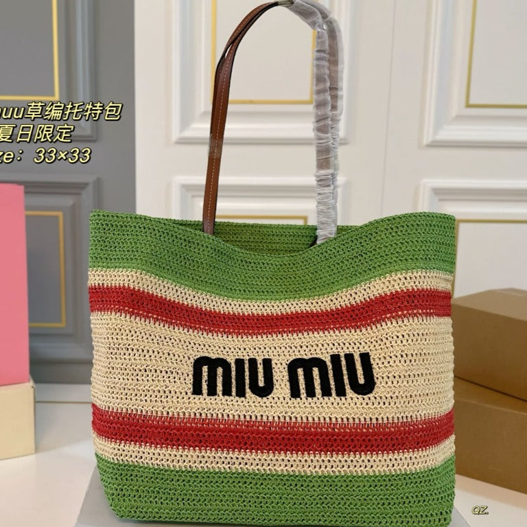 MIU MIU TOTE 33 BAG IN MULTICOLOR WOVEN STRAW