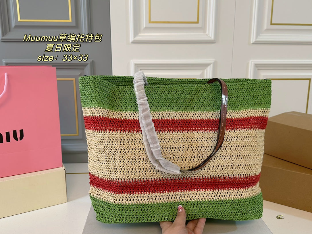 MIU MIU TOTE 33 BAG IN MULTICOLOR WOVEN STRAW