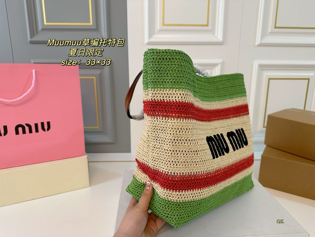 MIU MIU TOTE 33 BAG IN MULTICOLOR WOVEN STRAW