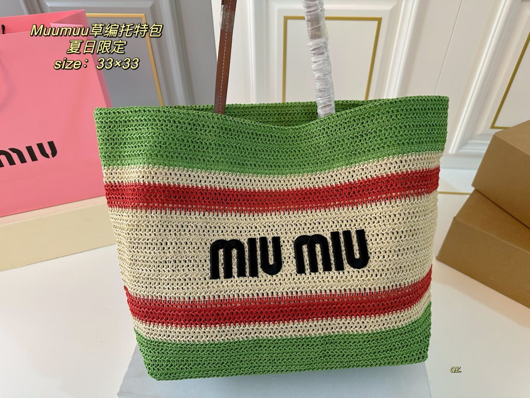MIU MIU TOTE 33 BAG IN MULTICOLOR WOVEN STRAW